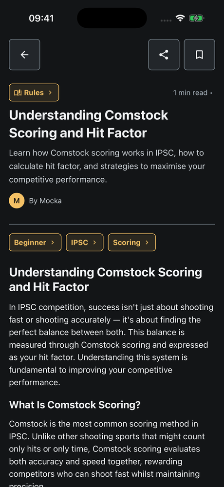 App article explaining Comstock scoring and hit factor, with category and topic links