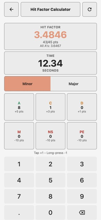 App hit factor calculator showing 43 points in 12.34 seconds, with Minor and Major scoring controls