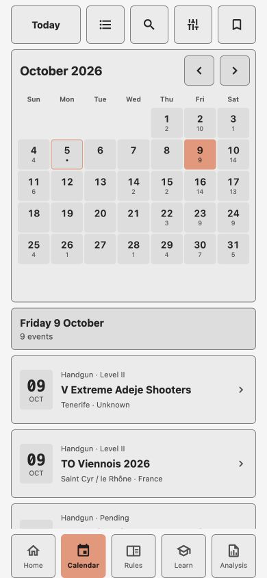 Practical Shooter match calendar showing upcoming matches and filters