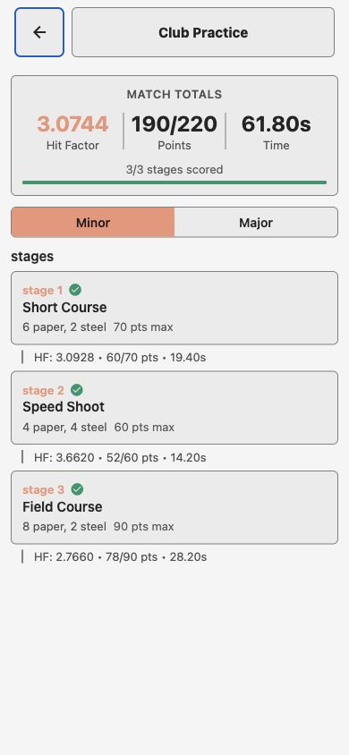 App match verifier with an example scoring session, stage results and match totals