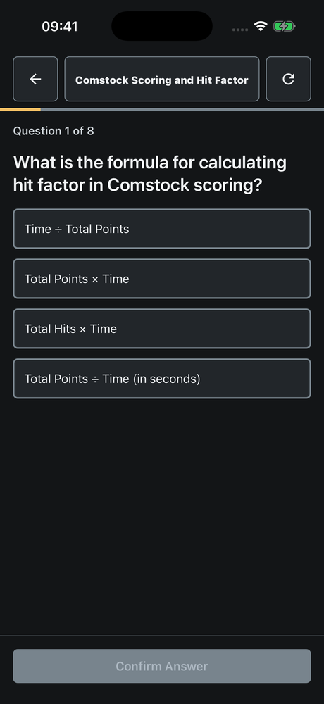 App quiz player showing a Comstock scoring question and four answer choices