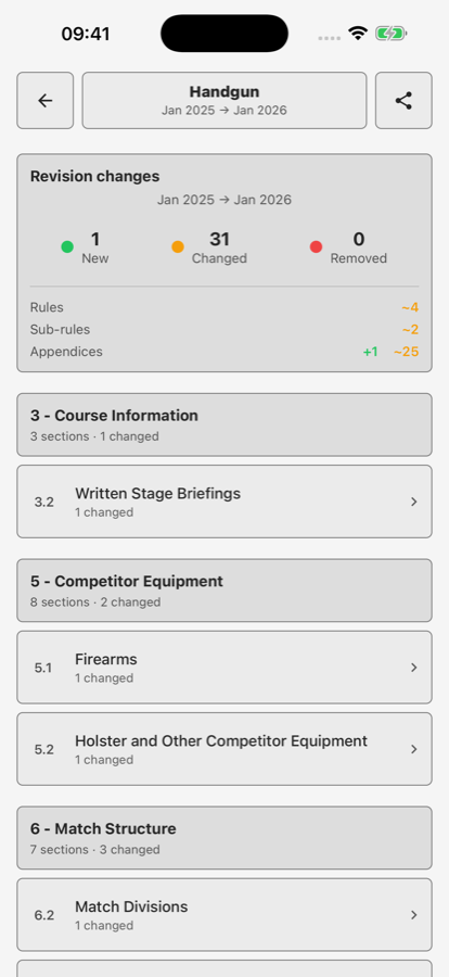 App revision comparison highlighting changed rulebook text