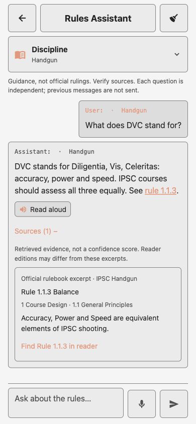App AI Rules Assistant showing an example question, answer and cited Handgun rule