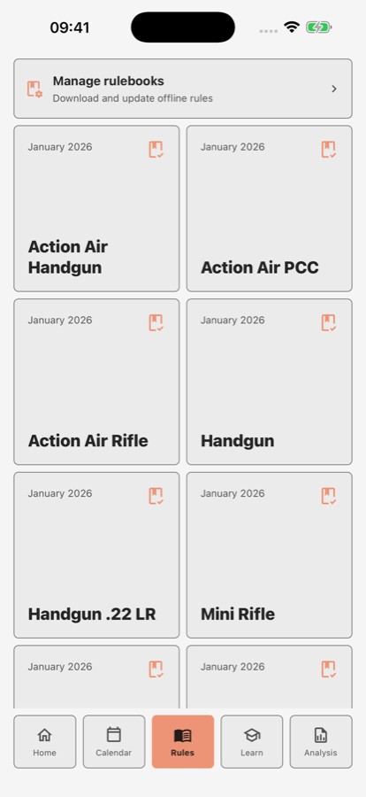 Practical Shooter rulebook library with available disciplines and editions