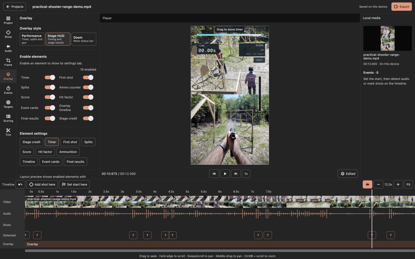 Practical Shooter video editor with overlay settings and on-screen analytics layout